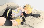  1boy bare_shoulders bed black_legwear black_shorts black_sleeves blonde_hair character_doll clothing_cutout comforter commentary d_futagosaikyou detached_sleeves headphones highres kagamine_len kagamine_len_(append) leg_warmers lying male_focus navel on_side pillow shirt shorts sleeveless sleeveless_shirt solo spiky_hair stomach_cutout vocaloid vocaloid_append white_shirt 