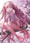  1girl bare_shoulders cherry_blossoms commentary detached_sleeves falling_petals flower full_body hair_flower hair_ornament hands_together hatsune_miku highres long_hair looking_at_viewer miniskirt necktie open_mouth petals pink_eyes pink_flower pink_hair pink_legwear pink_neckwear pink_skirt pink_sleeves pink_theme pleated_skirt romaji_commentary sakura_miku shirt sitting_on_branch skirt sleeveless sleeveless_shirt smile solo takepon1123 tassel thigh-highs tree twintails very_long_hair vocaloid white_shirt zettai_ryouiki 