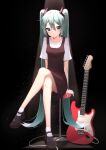  1girl absurdres aqua_eyes aqua_hair arm_support arms_behind_back black_background black_dress black_footwear cable chair collarbone commentary crossed_legs dress electric_guitar expressionless guitar hair_ornament hatsune_miku highres imsu_(pixiv40837863) instrument light_particles long_hair looking_at_viewer shirt short_sleeves sitting solo spotlight twintails very_long_hair vocaloid white_shirt 
