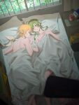  2girls bed bedroom blanket blonde_hair blue_eyes bow can collarbone from_above green_eyes green_hair gumi hair_bow_removed highres holding_hands indoors kagamine_rin lying multiple_girls nude on_back on_side pillow plant short_hair short_hair_with_long_locks sidelocks soda_can under_covers vocaloid white_bow window wounds404 yuri 