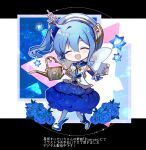  1girl :d blue_hair blue_skirt blush chibi cyawa facing_viewer full_body hair_between_eyes hairband hands_up highres holding hololive hoshimachi_suisei one_side_up open_mouth shoes skirt smile solo watering_can white_footwear 