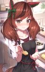  1girl absurdres animal_ears apron black_apron blush brown_eyes brown_hair chopsticks closed_mouth collarbone commentary_request eyebrows_visible_through_hair food highres holding holding_chopsticks horse_ears horse_girl horse_tail huge_filesize long_hair masaki_(msk064) multicolored_hair nice_nature_(umamusume) redhead solo streaked_hair tail umamusume 