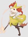  animal_ear_fluff braixen closed_mouth commentary_request fire full_body gen_6_pokemon grey_background highres holding holding_stick leg_up nashimochi_4 pokemon pokemon_(creature) red_eyes simple_background smile solo standing standing_on_one_leg stick white_fur yellow_fur 
