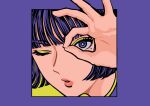  1girl bangs blunt_bangs border closed_eyes eyebrows_visible_through_hair green_background hand_up highres looking_at_viewer minillustration mole mole_under_eye one_eye_closed original portrait purple_border simple_background solo violet_eyes 