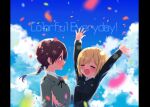  2girls arms_up blonde_hair brown_eyes brown_hair closed_eyes clouds confetti day english_text erica_hartmann gertrud_barkhorn imminent_hug jacket kodamari light_blush long_hair looking_at_another multiple_girls open_mouth outdoors short_hair sky smile strike_witches twintails upper_body world_witches_series yuri 