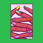  border dark_skin fingers green_border green_nails highres jewelry minillustration nail_polish orange_nails original pink_nails purple_nails ring shadow white_background yellow_nails 