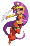  1girl absurdly_long_hair arabian_clothes blue_eyes dark-skinned_female dark_skin harem_pants highres holding holding_sword holding_weapon long_hair midriff navel open_mouth pants pointy_ears ponytail purple_hair red_footwear shantae_(character) shantae_(series) shoes smile solo sword very_long_hair weapon yuta_agc 