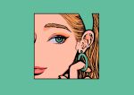  1girl blonde_hair border ear_piercing earrings eyeliner green_border green_eyes green_hairband hairband hand_up highres jewelry makeup minillustration original piercing smile solo 