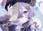  1girl adjusting_clothes adjusting_headwear arm_up artist_name black_nails blush bow close-up coin_hair_ornament earrings expressionless frilled_sleeves frills gen_arare genshin_impact hand_up hat jewelry jiangshi long_hair looking_at_viewer ofuda portrait purple_hair qing_guanmao qiqi_(genshin_impact) red_bow solo tassel twitter_username violet_eyes yellow_bow 