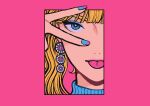  1girl bangs blonde_hair blue_eyes blunt_bangs border earrings eyeshadow gradient_nails highres jewelry looking_at_viewer makeup minillustration nail_polish original outside_border piercing pink_background pink_border solo tongue_piercing v 