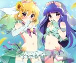  2girls absurdres blonde_hair bow breasts bridal_gauntlets bridal_lingerie flower furude_rika garter_straps gloves hair_flower hair_ornament highres higurashi_no_naku_koro_ni houjou_satoko lingerie long_hair mashimaro_tabetai multiple_girls navel purple_hair short_hair small_breasts thigh-highs underwear veil violet_eyes 