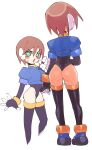  1girl aile_(mega_man_zx) ass black_legwear blue_footwear blush bracelet brown_hair cropped_jacket from_behind gloves green_eyes highres inkerton-kun jewelry layered_sleeves leotard leotard_under_clothes mega_man_(series) mega_man_zx multiple_views short_hair thigh-highs white_background 