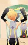  1boy adjusting_hair bare_shoulders bass_clef belt black_shorts black_sleeves blonde_hair cable commentary cowboy_shot d_futagosaikyou detached_sleeves from_behind hair_straightener highres holding kagamine_len kagamine_len_(append) male_focus mirror pendant_choker reflection shirt short_ponytail shorts sleeveless sleeveless_shirt solo spiky_hair standing turtleneck vocaloid vocaloid_append 