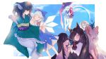  6+girls animal_ear_fluff animal_ears barefoot black_hair blue_bow blue_dress blue_eyes blue_hair blue_skirt boots border bow brooch buttons cirno cloak closed_eyes collared_shirt dress eyebrows_visible_through_hair fish_scales fujiwara_no_mokou garter_straps gem geta gin_fragrans green_hair green_kimono hair_bow hands_clasped head_fins heterochromia hime_cut holding holding_umbrella houraisan_kaguya ice ice_wings imaizumi_kagerou japanese_clothes jewelry karakasa_obake kimono locked_arms long_hair looking_at_another looking_at_viewer medium_hair mermaid monster_girl moon multiple_girls neck_ribbon obi outside_border own_hands_together pants pinafore_dress pink_kimono pleated_skirt pointing puffy_short_sleeves puffy_sleeves rainbow red_cloak red_eyes red_footwear red_pants red_ribbon redhead ribbon sash sekibanki shirt short_hair short_sleeves skirt sleeves_rolled_up smile suspenders tail tatara_kogasa thigh-highs touhou umbrella very_long_hair wakasagihime white_border white_bow white_dress white_hair white_shirt wide_sleeves wings wolf_ears wolf_tail 