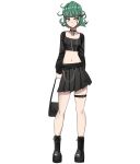  1girl alternate_costume bag black_footwear black_shirt black_skirt boots chain choker english_commentary flipped_hair gothic green_eyes green_hair handbag highres holding holding_bag jourd4n lock long_sleeves looking_at_viewer midriff navel one-punch_man shirt skirt solo tatsumaki thigh_strap white_background 