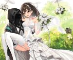  1girl 1other :d absurdres arknights black_coat blush breasts bridal_veil brown_hair bush carrying coat covered_navel day doctor_(arknights) dress drone earrings elbow_gloves eyebrows_visible_through_hair feet_out_of_frame flower frilled_dress frills garter_straps glint gloves hair_ornament high_heels highres holding holding_flower hood hood_up hooded_coat jewelry long_dress magallan_(arknights) medium_breasts multicolored_hair open_mouth outdoors panties pantyshot princess_carry robot rose see-through short_hair sigm@ silver_hair single_earring sleeveless sleeveless_dress smile snowflake_hair_ornament streaked_hair thigh-highs thighs two-tone_hair underwear veil wedding_dress white_flower white_footwear white_gloves white_legwear white_panties white_rose yellow_eyes 