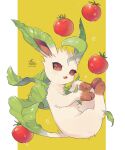  brown_eyes commentary_request from_side full_body gen_4_pokemon hideko_(l33l3b) highres leaf leafeon looking_at_viewer looking_to_the_side no_humans open_mouth paws pokemon pokemon_(creature) solo toes tomato tongue twitter_username water_drop 