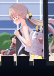  1girl assault_rifle bag blue_archive blurry blurry_background blush commentary_request gun hair_ornament hifumi_(blue_archive) highres k4washima light_brown_hair long_hair looking_to_the_side low_twintails rifle school_swimsuit solo swimsuit twintails weapon window yellow_eyes 
