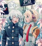  1boy 1girl :d ahoge android armor bangs blonde_hair blue_eyes blue_hairband cheer_(cheerkitty14) closed_eyes collared_shirt copyright_request dangan_ronpa_(series) dangan_ronpa_v3:_killing_harmony english_commentary flower gradient gradient_background grey_hair grey_shirt hair_between_eyes hairband highres keebo long_sleeves looking_at_another necktie number open_mouth power_armor red_neckwear shirt shoulder_armor smile speech_bubble spoken_number upper_body upper_teeth white_flower 