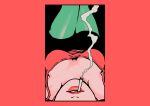  1girl border breasts breasts_apart camisole cigarette green_legwear highres medium_breasts minillustration original parted_lips red_border red_camisole smoke smoking solo upside-down 