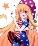  1girl \n/ absurdly_long_hair american_flag_dress american_flag_legwear blonde_hair blue_nails blush clownpiece commentary_request cowboy_shot dress fang hat heart jester_cap long_hair looking_at_viewer nail_polish neck_ruff one_eye_closed pantyhose polka_dot purple_headwear red_eyes red_nails short_dress short_sleeves simple_background skin_fang smile solo sseopik star_(symbol) star_print striped thigh_gap touhou very_long_hair white_background 