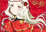  1girl akamaru_saasha blush breasts cape dress edelgard_von_hresvelg fire_emblem fire_emblem:_three_houses flower hair_ornament long_hair long_sleeves looking_at_viewer open_mouth red_cape rose simple_background smile solo violet_eyes white_hair 