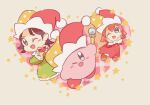  2girls adeleine black_hair blue_eyes blush_stickers dress green_dress hat heart highres jester_cap kirby kirby_(series) looking_at_viewer multiple_girls one_eye_closed open_mouth parasoruoishii pink_hair red_dress ribbon_(kirby) smile star_(symbol) wand 