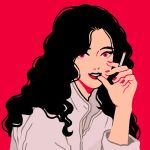  1girl cigarette collared_shirt curly_hair flat_color hand_up holding holding_cigarette limited_palette long_sleeves looking_at_viewer minillustration original parted_lips red_background red_eyes red_nails shadow shirt simple_background smile solo white_shirt 