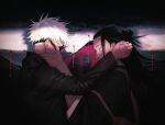  2boys black_eyes black_hair black_jacket blindfold blindfold_removed blue_eyes covered_mouth english_commentary getou_suguru gojou_satoru hair_bun half-closed_eyes halveablock hand_on_another&#039;s_cheek hand_on_another&#039;s_face high_collar jacket jujutsu_kaisen long_hair long_sleeves looking_at_another male_focus multiple_boys outstretched_arm polar_opposites pulling short_hair stitches string upper_body white_hair 