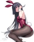  1girl alternate_costume animal_ears ass black_hair black_legwear black_leotard blush bow bowtie breasts bunny_tail commentary_request dated detached_collar eyebrows_visible_through_hair fake_animal_ears fake_tail hair_over_one_eye hand_in_hair hayashimo_(kancolle) highres kantai_collection leotard long_hair looking_at_viewer medium_breasts pantyhose playboy_bunny purple_leotard rabbit_ears red_leotard ribbon rokuwata_tomoe side-tie_leotard simple_background sitting solo strapless strapless_leotard tail twitter_username white_background wrist_cuffs yokozuwari 
