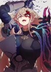  1girl armor blonde_hair blood blood_on_face breasts broken_armor chain darkness earrings fang fate/grand_order fate_(series) gauntlets gawain_(fairy_knight)_(fate) heterochromia ichi_yoshida jewelry large_breasts long_hair pulling 