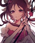  1girl animal_ears arknights brown_hair eyjafjalla_(arknights) eyjafjalla_(summer_flowers)_(arknights) flower hair_flower hair_ornament hands_up highres holding holding_staff horns long_hair looking_at_viewer off-shoulder_swimsuit off_shoulder official_alternate_costume pink_eyes pink_swimsuit sheep_ears sheep_girl sheep_horns smile solo ssucrose staff swimsuit upper_body 
