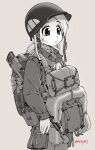  1girl backpack bag blush canteen chest_harness cowboy_shot ebifly grey_background greyscale gun harness helmet long_hair long_sleeves military monochrome original parted_lips ponytail simple_background solo tagme twitter_username united_states_army weapon 