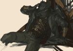  1boy belt bloodborne cloak coat collared_coat commentary_request covered_mouth gloves greatsword hat highres hunter_(bloodborne) kikujira male_focus mask mouth_mask short_hair sitting solo sword sword_behind_back tricorne weapon white_background 