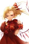  1girl alternate_costume blonde_hair bow breasts collarbone crystal dress expressionless flandre_scarlet floating_hair flower flower_request hair_bow highres karaori looking_at_viewer one_side_up parted_lips puffy_short_sleeves puffy_sleeves red_bow red_dress red_eyes red_flower red_rose rose short_hair short_sleeves signature simple_background small_breasts solo touhou upper_body white_background wind wings wrist_cuffs 