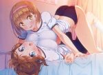 2girls :o absurdres all_fours ass bangs bike_shorts blue_eyes blush breast_press breasts brown_hair buruma commentary_request curtains girl_on_top gym_uniform hairband highres ichi_makoto indoors large_breasts looking_at_viewer lying multiple_girls on_back on_bed open_mouth original pink_hairband ponytail shirt short_hair short_sleeves sweat symmetrical_docking top-down_bottom-up white_shirt yellow_eyes yuri
