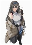  1girl arm_warmers bangs bare_shoulders black_hair blue_eyes breasts bullet commission expressionless girls_frontline gloves hair_flaps highres large_breasts long_hair pantyhose skeb_commission solo super_sass super_sass_(girls_frontline) sutekina_awa very_long_hair 