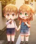  1boy 1girl :d ahoge backpack bag bandaid bandaid_on_face bandaid_on_knee black_shorts blush brown_eyes brown_hair chibi denim drinking green_eyes highres holding holding_hands open_mouth original outdoors overalls short_hair shorts smile socks two_side_up unjem white_legwear 