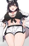  1girl animal_ears atago_(azur_lane) azur_lane bangs black_hair breasts brown_eyes dog_ears dolphin_shorts extra_ears hair_ribbon hands_on_hips jacket large_breasts looking_at_viewer navel open_mouth ribbon san_ke_yue_shi shorts 