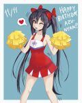  1girl absurdres black_hair bow brown_eyes cheerleader collarbone dated eyebrows_visible_through_hair hair_bow happy_birthday heart highres k-on! long_hair looking_at_viewer nakano_azusa one_eye_closed open_mouth red_bow solo speech_bubble spoken_heart twintails young_savage 