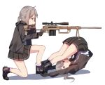  2girls absurdres ahoge aiming black_gloves black_skirt bolt_action brown_jacket cheytac_m200 closed_mouth dual_persona finger_on_trigger from_side gar32 gloves grey_hair gun highres holding holding_gun holding_weapon hood hood_down hooded_jacket jacket jitome long_sleeves m200_(girls_frontline) miniskirt multiple_girls one_knee pleated_skirt ponytail profile rifle scope shoes simple_background skirt sniper_rifle upside-down violet_eyes weapon white_background 