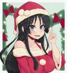  1girl akiyama_mio black_eyes black_hair blush breasts christmas collarbone eyebrows_visible_through_hair hat highres k-on! large_breasts long_hair long_sleeves looking_at_viewer off-shoulder_shirt off_shoulder open_mouth santa_costume santa_hat shirt smile solo upper_body v young_savage 