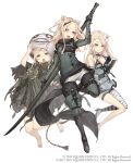  3girls animal_ears asymmetrical_clothes bandages barefoot blonde_hair chain cloak cosplay crossover emil_(nier) emil_(nier)_(cosplay) flower full_body fur_trim hair_flower hair_ornament high_heels highres ji_no kaine_(nier) kaine_(nier)_(cosplay) long_hair looking_at_viewer mask mask_lift multiple_girls nier nier_(series) nier_(young) nier_(young)_(cosplay) official_art pig_ears plump sinoalice skinny square_enix staff sword three_little_pigs_(sinoalice) upper_teeth violet_eyes weapon white_background 