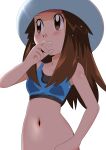  1girl absurdres blush breasts brown_eyes brown_hair hainchu hat highres leaf_(pokemon) long_hair navel pokemon pokemon_(game) pokemon_frlg porkpie_hat simple_background sleeveless solo white_background 