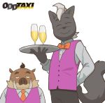  2boys adjusting_clothes arm_up bow bowtie formal furry highres holding holding_tray imai_shun long_sleeves looking_at_viewer male_focus mugicaan1 multiple_boys necktie odd_taxi orange_neckwear shibagaki_kensuke shirt sleeveless sleeveless_jacket suit sweat tray waiter white_shirt 