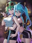  2girls :q ahoge arched_back bandeau bare_arms bare_shoulders bib_(bibboss39) bike_shorts black_choker black_legwear black_shorts blue_eyes blue_hair blue_nails breasts choker closed_mouth crop_top cuffs eyewear_on_head flat_chest getcha!_(vocaloid) gold gradient_hair green_hair gumi hair_between_eyes handcuffs hatsune_miku high-waist_shorts high-waist_skirt highres hug hug_from_behind long_hair looking_at_viewer medium_breasts midriff miniskirt multicolored_hair multiple_girls nail_polish navel one_eye_closed pencil_skirt revealing_clothes shirt short_hair short_shorts shorts sidelocks skirt sleeveless sleeveless_shirt smile stomach strapless sunglasses thigh-highs thighs tongue tongue_out tubetop twintails very_long_hair violet_eyes vocaloid white_shirt 