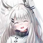 1girl animal_ear_fluff animal_ears arknights chinese_commentary closed_eyes eyebrows_visible_through_hair frostnova_(arknights) hair_ornament hairclip happy highres jacket long_hair morihar open_mouth rabbit_ears scar scar_on_face scar_on_nose silver_hair solo upper_body white_jacket zoom_layer 