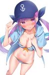  1girl bikini breasts commentary_request highres hololive k_mugura long_hair looking_at_viewer medium_breasts minato_aqua purple_hair simple_background solo swimsuit virtual_youtuber white_background 