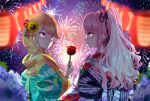  2girls aerial_fireworks ariarioekaki bangs blush candy_apple couple eyebrows_visible_through_hair festival fireworks flower food hair_flower hair_ornament highres holding holding_food hololive hololive_english japanese_clothes jewelry kimono lantern long_hair looking_at_another mori_calliope multicolored_hair multiple_girls night night_sky orange_hair paper_lantern pink_eyes pink_hair sky summer_festival sunflower sunflower_hair_ornament takanashi_kiara violet_eyes virtual_youtuber yukata 