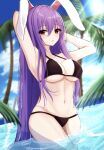  .me 1girl animal_ears armpits arms_up bangs bikini black_bikini blurry blurry_background blush breasts caustics clouds cowboy_shot day dutch_angle eyebrows_visible_through_hair hair_between_eyes highres large_breasts long_hair looking_at_viewer navel outdoors palm_tree parted_lips partially_submerged purple_hair rabbit_ears red_eyes reisen_udongein_inaba sky solo sunlight swimsuit touhou tree very_long_hair water 